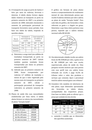 31. O transporte de carga ao porto de Santos é
feito por meio de rodovias, ferrovias e
dutovias. A tabela abaixo fornece alguns
dados relativos ao transporte ao porto no
primeiro semestre de 2007 e no primeiro
semestre de 2008, indicando claramente o
aumento da participação percentual do
transporte ferroviário nesse período. Com
base nos dados da tabela, responda às
questões abaixo.
Meio de
transporte
Participação no
total transportado
ao porto
Carga transportada
(em milhões de
toneladas)
2007 2008 2007 2008
Ferroviário 18 % 24 % 6,8 8,8
Rodoviário 77 % 29,1
Dutoviário
a) Determine a carga total (em milhões de
toneladas) transportada ao porto no
primeiro semestre de 2007. Calcule
também quantas toneladas foram
transportadas por dutos no primeiro
semestre de 2007.
b) Sabendo que, no primeiro semestre de
2008, foram transportadas por
rodovias 2,7 milhões de toneladas a
menos do que o valor registrado pelo
mesmo meio de transporte no primeiro
semestre de 2007, calcule a
participação percentual do transporte
rodoviário no primeiro semestre de
2008.
32. Planos de saúde têm suas mensalidades
estabelecidas por faixa etária. A tabela
abaixo fornece os valores das mensalidades
do plano "Geração Saúde".
Faixa
etária
Mensalidade
(R$)
Até 15 anos 120,00
de 16 a 30 anos 180,00
de 31 a 45 anos 260,00
de 46 a 60 anos 372,00
61 anos ou mais 558,00
O gráfico em formato de pizza abaixo
mostra o comprometimento do rendimento
mensal de uma determinada pessoa que
recebe 8 salários mínimos por mês e aderiu
ao plano de saúde "Geração Saúde". Para
cada fatia do gráfico, são fornecidos o item
referente ao gasto e o ângulo em graus.
Determine a que faixa etária pertence essa
pessoa, supondo que o salário mínimo
nacional valha R$ 465,00.
33. Um determinado cidadão recebe um salário
bruto de R$ 2500,00 por mês, e gasta cerca
de R$ 1.800,00 por mês com escola,
supermercado, plano de saúde etc. Uma
pesquisa recente mostrou que uma pessoa
com esse perfil tem seu salário bruto
tributado em 13,3% e paga 31,5% de
tributos sobre o valor dos produtos e
serviços que consome. Qual o percentual
total do salário mensal gasto com tributos?
34. Considere três modelos de televisores de
tela plana, cujas dimensões aproximadas
são fornecidas na tabela abaixo,
acompanhadas dos respectivos preços.
Com base na tabela, pode-se afirmar que o
preço por unidade de área da tela
Modelo
Largura
(cm)
Altura
(cm)
Preço
(R$)
23´´ 50 30 750,00
32´´ 70 40 1400,00
40´´ 90 50 2250,00
a. aumenta à medida que as dimensões
dos aparelhos aumentam.
 