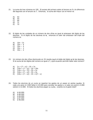 11
21. La suma de tres números es 100. El exceso del primero sobre el tercero es 9 y la diferencia
del segundo con el tercero es 7. Entonces, la suma del mayor con el menor es
A) 63
B) 65
C) 66
D) 71
E) 72
22. El dígito de las unidades de un número de dos cifras es igual al antecesor del dígito de las
decenas. Si el dígito de las decenas es n, entonces el valor del antecesor del triple del
número es
A) 33n – 31
B) 33n – 6
C) 33n – 4
D) 33n – 3
E) 33n – 2
23. Un número de dos cifras disminuido en 35 resulta igual al doble del dígito x de las decenas.
Si la suma de los dígitos del número es igual a 7, ¿qué ecuación permite hallar este número?
A) [x + (7 – x)] – 35 = 2x
B) [10x + (7 – x)] – 35 = 20x
C) [10x + (x – 7)] – 35 = 2x
D) [10x + (7 – x)] – 35 = 2x
E) [10x + (7 – x)] – 35 = 2(7 – x)
24. Todos los alumnos de un curso se reparten los gastos de un paseo en partes iguales. Si
cada uno pone $ 2.500 faltan $ 24.000 para cancelar los gastos y si cada uno pone $ 4.000
sobran $ 12.000. Si todos los alumnos pagan su cuota, ¿cuánto es el gasto total?
A) $ 60.000
B) $ 80.000
C) $ 84.000
D) $ 87.000
E) $ 96.000
 