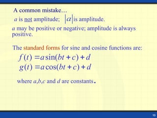 13
A common mistake…
a is not amplitude; is amplitude.
a may be positive or negative; amplitude is always
positive.
a
The standard forms for sine and cosine functions are:
where a,b,c and d are constants.
( ) sin( )
f t a bt c d
  
( ) cos( )
g t a bt c d
  
 