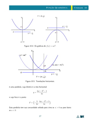 Unidade 8 Exercícios Recomendados
5. Quando dobra o percurso em uma corrida de táxi, o custo da nova corrida
é igual ao dobro, maior que o dobro ou menor que o dobro da corrida
original?
6. A escala N de temperaturas foi feita com base nas temperaturas máxima
e mínima em Nova Iguaçu. A correspondência com a escala Celsius é a
seguinte:
◦
N ◦
C
0 18
100 43
Em que temperatura ferve a água na escala N ?
7. Mostre que uma função am f : R → R ca inteiramente determinada
quando conhecemos f(x1) e f(x2) para x1 = x2.
8. Prove que toda reta não vertical r é o gráco de uma função am.
9. Um garoto brinca de arrumar palitos fazendo uma sequência de quadrados
como na gura. Se ele fez n quadrados, quantos palitos utilizou?
10. As grandezas X e Y são inversamente proporcionais. Se X sofre um
acréscimo de 25% qual o decréscimo percentual sofrido por Y ?
11. Os termos a1, a2, . . . , an de uma P.A. são os valores f(1), f(2), . . . , f(n)
de uma função am.
(a) Mostre que cada ai é igual à área de um trapézio delimitado pelo
gráco de f, pelo eixo OX e pelas retas verticais de equações
x = i − 1
2
e x = i + 1
2
.
26
 