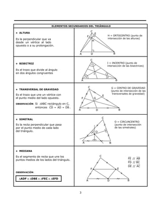 C
3
A B
E
H = ORTOCENTRO (punto de
intersección de las alturas)
F
H
D
C
I = INCENTRO (punto de
intersección de las bisectrices)
γγ
A B
I β
α
βα
G = CENTRO DE GRAVEDAD
(punto de intersección de las
transversales de gravedad)
A D
F
B
C
G
E
ELEMENTOS SECUNDARIOS DEL TRIÁNGULO
ALTURA
Es la perpendicular que va
desde un vértice al lado
opuesto o a su prolongación.
BISECTRIZ
Es el trazo que divide al ángulo
en dos ángulos congruentes
TRANSVERSAL DE GRAVEDAD
Es el trazo que une un vértice con
el punto medio del lado opuesto.
OBSERVACIÓN: Si ∆ABC rectángulo en C,
entonces CD .= AD = DB
FE // AB
FD // BC
DE // AC
A D B
F E
C
SIMETRAL
Es la recta perpendicular que pasa
por el punto medio de cada lado
del triángulo.
MEDIANA
Es el segmento de recta que une los
puntos medios de los lados del triángulo.
OBSERVACIÓN:
O = CIRCUNCENTRO
(punto de i
de las simetrales)
ntersección
A B
C
O
∆ADF ≅ ∆DBE ≅ ∆FEC ≅ ∆EFD
 