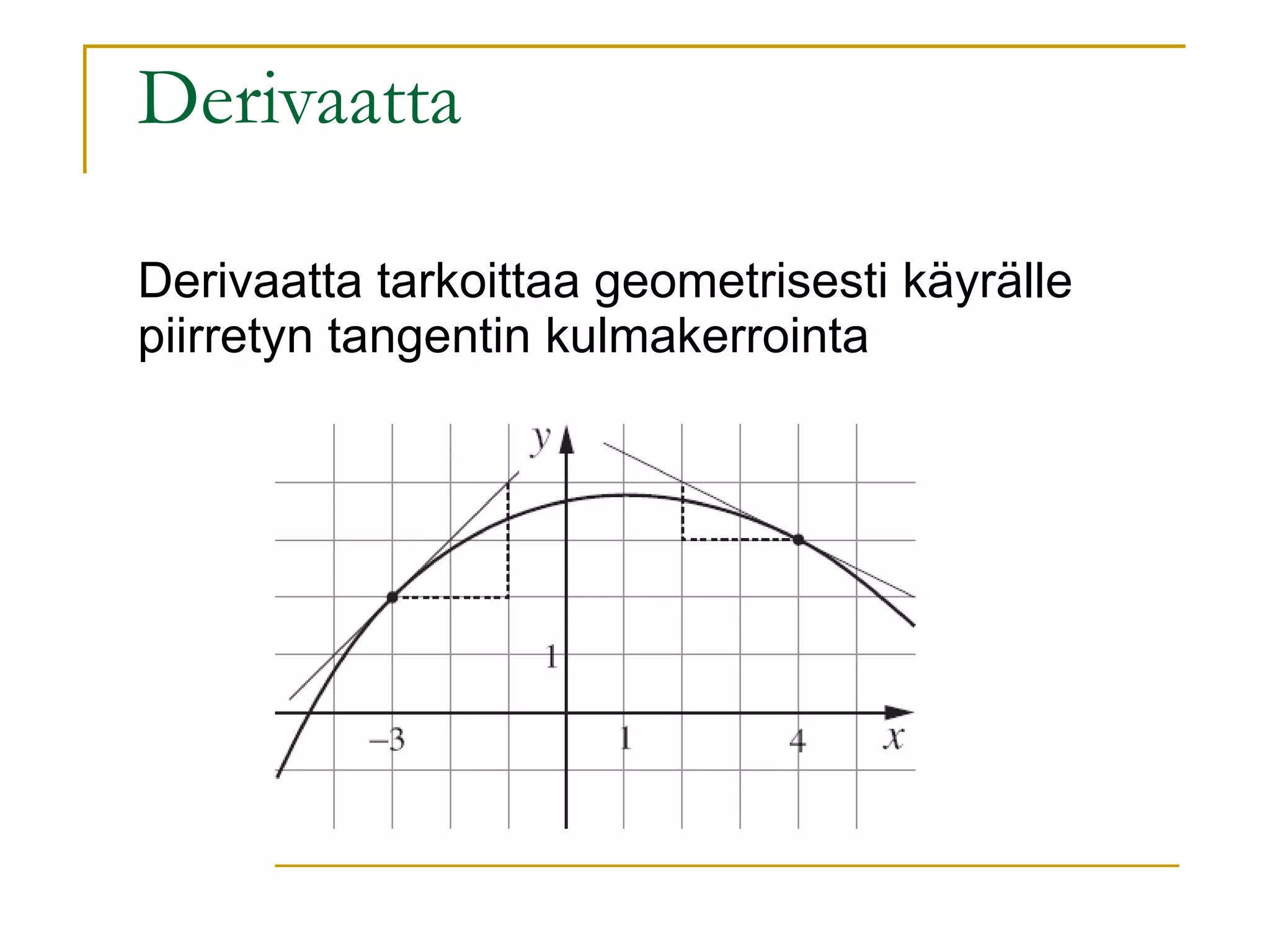 Derivaatta  Derivaatta tarkoittaa geometrisesti käyrälle piirretyn tangentin kulmakerrointa 