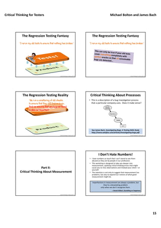 Critical Thinking for Testers Michael Bolton and James Bach
15
The Regression Testing Fantasy
“I rerun my old tests to ensure that nothing has broken.”
Critical Thinking For Testers.pdf ‐ 88
The Regression Testing Fantasy
“I rerun my old tests to ensure that nothing has broken.”
Critical Thinking For Testers.pdf ‐ 89
The Regression Testing Reality
“We run a smattering of old checks
to ensure that they still find no bugs...
And we assume that any bug not found
is also not important.”
Critical Thinking For Testers.pdf ‐ 90
Critical Thinking About Processes
• This is a description of a bug investigation process 
that a particular company uses.  Does it make sense?
See James Bach, Investigating Bugs: A Testing Skills Study 
http://www.satisfice.com/articles/investigating‐bugs.pdf
Critical Thinking For Testers.pdf ‐ 91
Part II:
Critical Thinking About Measurement
Critical Thinking For Testers.pdf ‐ 92
I Don’t Hate Numbers!
• I love numbers so much that I can’t stand to see them 
abused as they are by people in our profession.
• This workshop is designed to take you deeper into 
measurement, spotting critical thinking errors that might 
cause you to miss observations and mislead your client—or 
yourself.
• The intention is not only to suggest that measurement has 
problems, but also to expand our notions of what good 
measurement might be.
Imperfections in measurement are always a problem, but 
they’re a devastating problem
only when we don’t recognize them.
—Daniel Gilbert, Stumbling on Happiness
Critical Thinking For Testers.pdf ‐ 93
 