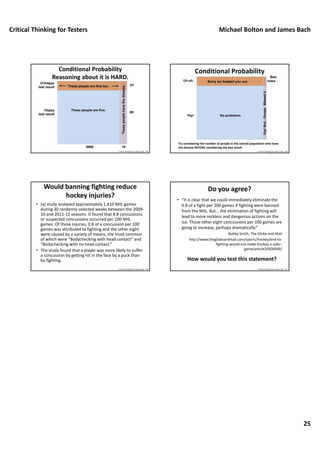 Critical Thinking for Testers Michael Bolton and James Bach
25
Conditional Probability
Reasoning about it is HARD.
Unhappy
test result
Thesepeoplehavethedisease
These people are fine.Happy
test result
These people are fine too.
9990
.99
10
.01
Critical Thinking For Testers.pdf ‐ 148
Conditional Probability
Uh-oh.
Yay!But…Ooops.Missedit.
No problemo.Yay!
Sorry we freaked you out.
Bad
news.
Try considering the number of people in the overall population who have 
the disease BEFORE considering the test result.
Critical Thinking For Testers.pdf ‐ 149
Would banning fighting reduce 
hockey injuries?
• [a] study analyzed approximately 1,410 NHL games 
during 30 randomly selected weeks between the 2009‐
10 and 2011‐12 seasons. It found that 8.8 concussions 
or suspected concussions occurred per 100 NHL 
games. Of these injuries, 0.8 of a concussion per 100 
games was attributed to fighting and the other eight 
were caused by a variety of means, the most common 
of which were “Bodychecking with head contact” and 
“Bodychecking with no head contact.”
• The study found that a player was more likely to suffer 
a concussion by getting hit in the face by a puck than 
by fighting.
Critical Thinking For Testers.pdf ‐ 150
Do you agree?
• “It is clear that we could immediately eliminate the 
0.8 of a fight per 100 games if fighting were banned 
from the NHL. But… the elimination of fighting will 
lead to more reckless and dangerous actions on the 
ice. Those other eight concussions per 100 games are 
going to increase, perhaps dramatically.”
Bobby Smith, The Globe and Mail
http://www.theglobeandmail.com/sports/hockey/end‐to‐
fighting‐would‐not‐make‐hockey‐a‐safer‐
game/article29300049/
How would you test this statement?
Critical Thinking For Testers.pdf ‐ 151
 