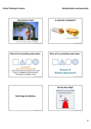 Critical Thinking for Testers Michael Bolton and James Bach
2
One Event or Two?
Steven Pinker
The Stuff of Thought: Language as a Window into Human Nature
Image Credit: www.theatlantic.com
Critical Thinking For Testers.pdf ‐ 9
Is a Burrito a Sandwich?
Roy Sorenson
A Cabinet of Philosophical Curiosities
Image Credit: www.dreamstime.com
Critical Thinking For Testers.pdf ‐ 10
Wait, let’s try something really simple…
Can we agree?
Can we share common ground?
“There are four geometric figures on this slide.”
“There is one square among those figures.”
“The square is shaded in blue.”
Critical Thinking For Testers.pdf ‐ 11
Beware of
Shallow Agreement!
Wait, let’s try something really simple…
Critical Thinking For Testers.pdf ‐ 12
Some bugs are obvious.
Critical Thinking For Testers.pdf ‐ 13
Do You See a Bug?
Critical Thinking For Testers.pdf ‐ 14
 
