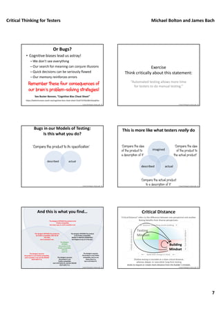 Critical Thinking for Testers Michael Bolton and James Bach
7
Or Bugs?
• Cognitive biases lead us astray!
–We don’t see everything
–Our search for meaning can conjure illusions
–Quick decisions can be seriously flawed
–Our memory reinforces errors
Remember these four consequences of
our brain’s problem-solving strategies!
See Buster Benson, “Cognitive Bias Cheat Sheet”
https://betterhumans.coach.me/cognitive‐bias‐cheat‐sheet‐55a472476b18#.63xoq03zx
Critical Thinking For Testers.pdf ‐ 39
Exercise  
Think critically about this statement:
“Automated testing allows more time 
for testers to do manual testing.”
Critical Thinking For Testers.pdf ‐ 40
Bugs in our Models of Testing:
Is this what you do?
described actual
“Compare the product to its specification”
Critical Thinking For Testers.pdf ‐ 41
This is more like what testers really do
imagined
actualdescribed
“Compare the idea
of the product to
a description of it”
“Compare the actual product
to a description of it”
“Compare the idea
of the product to
the actual product”
Critical Thinking For Testers.pdf ‐ 42
And this is what you find…
The designer INTENDS the product to be 
Firefox compatible, 
but never says so, and it actually is not.
The designer INTENDS the product to 
be Firefox compatible, SAYS SO IN 
THE SPEC, 
but it actually is not.
The designer assumes
the product is not Firefox compatible, 
and it actually is not, but the ONLINE 
HELP SAYS IT IS.
The designer
INTENDS
the product to be
Firefox compatible, 
SAYS SO, 
and IT IS.
The designer assumes
the product is not 
Firefox compatible, 
but it ACTUALLY IS, and the ONLINE 
HELP SAYS IT IS.
The designer INTENDS the product
to be Firefox compatible,
MAKES IT FIREFOX COMPATIBLE, 
but forgets to say so in the spec.
The designer assumes
the product is not Firefox
compatible, and no one
claims that it is, 
but it ACTUALLY IS.
Critical Thinking For Testers.pdf ‐ 43
Shallow testing is tractable at a close critical distance,
whereas deeper or naturalistic long‐form testing 
tends to require or create more distance from the builder’s mindset.
Critical Distance
“Critical Distance” refers to the difference between one perspective and another. 
Testing benefits from diverse perspectives.
Critical Thinking For Testers.pdf ‐ 44
 