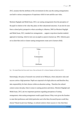 P a g e | 9
1327405
2012, assumes that the attributes of the environment (in this case the seating arrangements)
can lead to various consequences of experience which in turn satisfies user value.
Moslemi Haglighi and Mohd Jusan, 2012, see seating arrangements from the perception of
the pupil in relation to the value they place on their educational outcomes. It can also be seen
from a school policy perspective where according to Atherton, 2005 (in Moslemi Haglighi
and Mohd Jusan, 2012, standard row arrangements …support a top-down (teacher-student)
approach to learning, which in turn can see pupils as passive learners (p. 289). Atherton goes
on to claim that circle or cluster seating arrangements create active learners (ibid).
Fig. 1. The original Means-End Chain model. Source: Olsen and Reynold, 2011 in Moslemi Haglighi and Mohd Jusan (2012)
Interestingly, this piece of research was carried out in Malaysia, where education value and
success carries a high premium. Pupils are expected to be high achievers and therefore they
take responsibility for their choices within an education setting. Therefore the cultural
context comes into play when it comes to seating position and choice. Moslemi Haglighi and
Mohd Jusan, 2012, ask two important questions regarding perceptions of seating
arrangement; what seating arrangement would a pupil choose if they were given the freedom
to state their preferences and which particular seat in the three favoured layouts would they
choose? Based on previous findings, in cultural contexts where success is vital, then these
Value
Consequence
Attributes
 