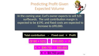 Predicting Profit Given
Expected Volume
In the coming year, Curl’s owner expects to sell 525
surfboards. The unit contribution margin is
expected to be $190, and fixed costs are expected to
increase to $90,000.
($190 × 525) – $90,000 = X
X = $9,750 profit
X = $99,750 – $90,000
Total contribution - Fixed cost = Profit
7-25
 