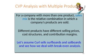 CVP Analysis with Multiple Products
For a company with more than one product, sales
mix is the relative combination in which a
company’s products are sold.
Different products have different selling prices,
cost structures, and contribution margins.
Let’s assume Curl sells surfboards and sailboards
and see how we deal with break-even analysis.
7-26
 