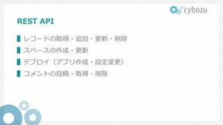 REST API
▌レコードの取得・追加・更新・削除
▌スペースの作成・更新
▌デプロイ（アプリ作成・設定変更）
▌コメントの投稿・取得・削除
 