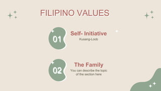 01
02
Kusang-Loob
You can describe the topic
of the section here
FILIPINO VALUES
Self- Initiative
The Family
 
