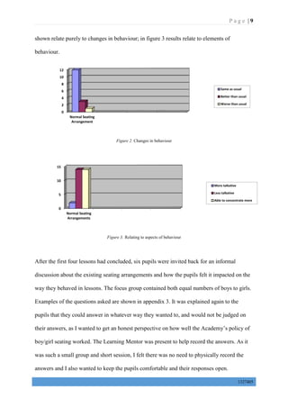 P a g e | 9
1327405
shown relate purely to changes in behaviour; in figure 3 results relate to elements of
behaviour.
Figure 2. Changes in behaviour
Figure 3. Relating to aspects of behaviour
After the first four lessons had concluded, six pupils were invited back for an informal
discussion about the existing seating arrangements and how the pupils felt it impacted on the
way they behaved in lessons. The focus group contained both equal numbers of boys to girls.
Examples of the questions asked are shown in appendix 3. It was explained again to the
pupils that they could answer in whatever way they wanted to, and would not be judged on
their answers, as I wanted to get an honest perspective on how well the Academy’s policy of
boy/girl seating worked. The Learning Mentor was present to help record the answers. As it
was such a small group and short session, I felt there was no need to physically record the
answers and I also wanted to keep the pupils comfortable and their responses open.
0
2
4
6
8
10
12
Normal Seating
Arrangement
Same as usual
Better than usual
Worse than usual
0
5
10
15
Normal Seating
Arrangements
More talkative
Less talkative
Able to concentrate more
 