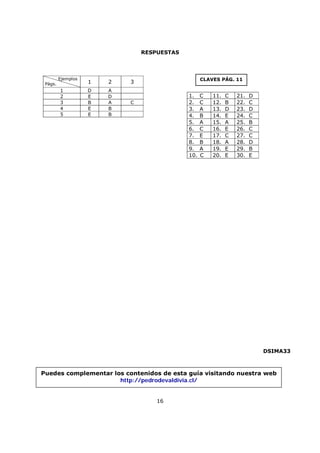 16
RESPUESTAS
DSIMA33
Puedes complementar los contenidos de esta guía visitando nuestra web
http://pedrodevaldivia.cl/
1. C 11. C 21. D
2. C 12. B 22. C
3. A 13. D 23. D
4. B 14. E 24. C
5. A 15. A 25. B
6. C 16. E 26. C
7. E 17. C 27. C
8. B 18. A 28. D
9. A 19. E 29. B
10. C 20. E 30. E
Ejemplos
Págs. 1 2 3
1 D A
2 E D
3 B A C
4 E B
5 E B
CLAVES PÁG. 11
 