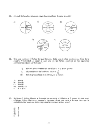 9
11. ¿En cuál de las alternativas es mayor la probabilidad de sacar amarillo?
A) B) C)
D) E)
12. Una caja contiene 12 fichas de igual tamaño. Cada una de ellas contiene una letra de la
palabra Probabilidad. Al sacar al azar una de las fichas, ¿cuál(es) de las siguientes
afirmaciones es(son) verdadera(s)?
I) Sólo las probabilidades de las letras b, a y d son iguales.
II) La probabilidad de sacar una vocal es
5
12
.
III) Sólo la probabilidad de la letra o, es la menor.
A) Sólo I
B) Sólo II
C) Sólo III
D) Sólo I y III
E) I, II y III
13. Se tienen 5 bolitas blancas y 3 negras en una urna y 5 blancas y 7 negras en otra urna.
¿Cuántas bolitas blancas es necesario traspasar desde una urna a la otra para que la
probabilidad de sacar una bolita negra sea la misma en ambas urnas?
A) 5
B) 4
C) 3
D) 2
E) 1
Rojo
Amarillo
Verde
90º
90º
Rojo
Amarillo
Verde
120º
Amarillo
Rojo
Amarillo
Verde
135º
Rojo
Ama-
rillo
Verde
Rojo
Verde
Ama-
rillo
45º
45º
Rojo
Amarillo Verde
120º 120º
 