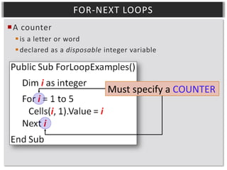 FOR-NEXT LOOPS
A counter
 is a letter or word
 declared as a disposable integer variable

Must specify a COUNTER

 