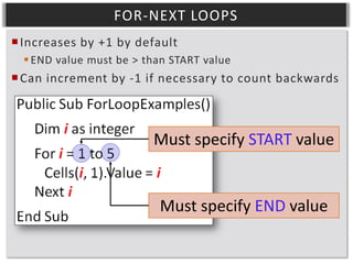 FOR-NEXT LOOPS
 Increases by +1 by default
 END value must be > than START value

 Can increment by -1 if necessary to count backwards

Must specify START value

Must specify END value

 
