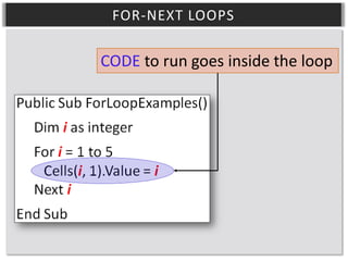 FOR-NEXT LOOPS

CODE to run goes inside the loop

 