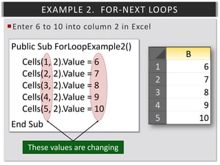 EXAMPLE 2. FOR-NEXT LOOPS
Enter 6 to 10 into column 2 in Excel

Public Sub ForLoopExample2()
Cells(1, 2).Value = 6
Cells(2, 2).Value = 7
Cells(3, 2).Value = 8
Cells(4, 2).Value = 9
Cells(5, 2).Value = 10
End Sub
These values are changing

 