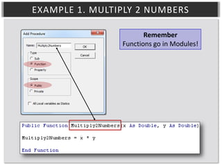EXAMPLE 1. MULTIPLY 2 NUMBERS
Remember
Functions go in Modules!

 