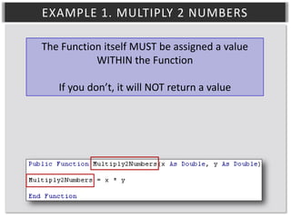EXAMPLE 1. MULTIPLY 2 NUMBERS
The Function itself MUST be assigned a value
WITHIN the Function
If you don’t, it will NOT return a value

 