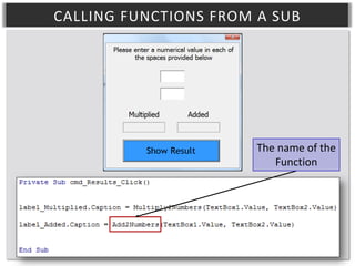 CALLING FUNCTIONS FROM A SUB

The name of the
Function

 