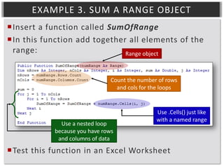 EXAMPLE 3. SUM A RANGE OBJECT
Insert a function called SumOfRange
In this function add together all elements of the
range:
Range object
Count the number of rows
and cols for the loops

Use a nested loop
because you have rows
and columns of data

Use .Cells() just like
with a named range

Test this function in an Excel Worksheet

 