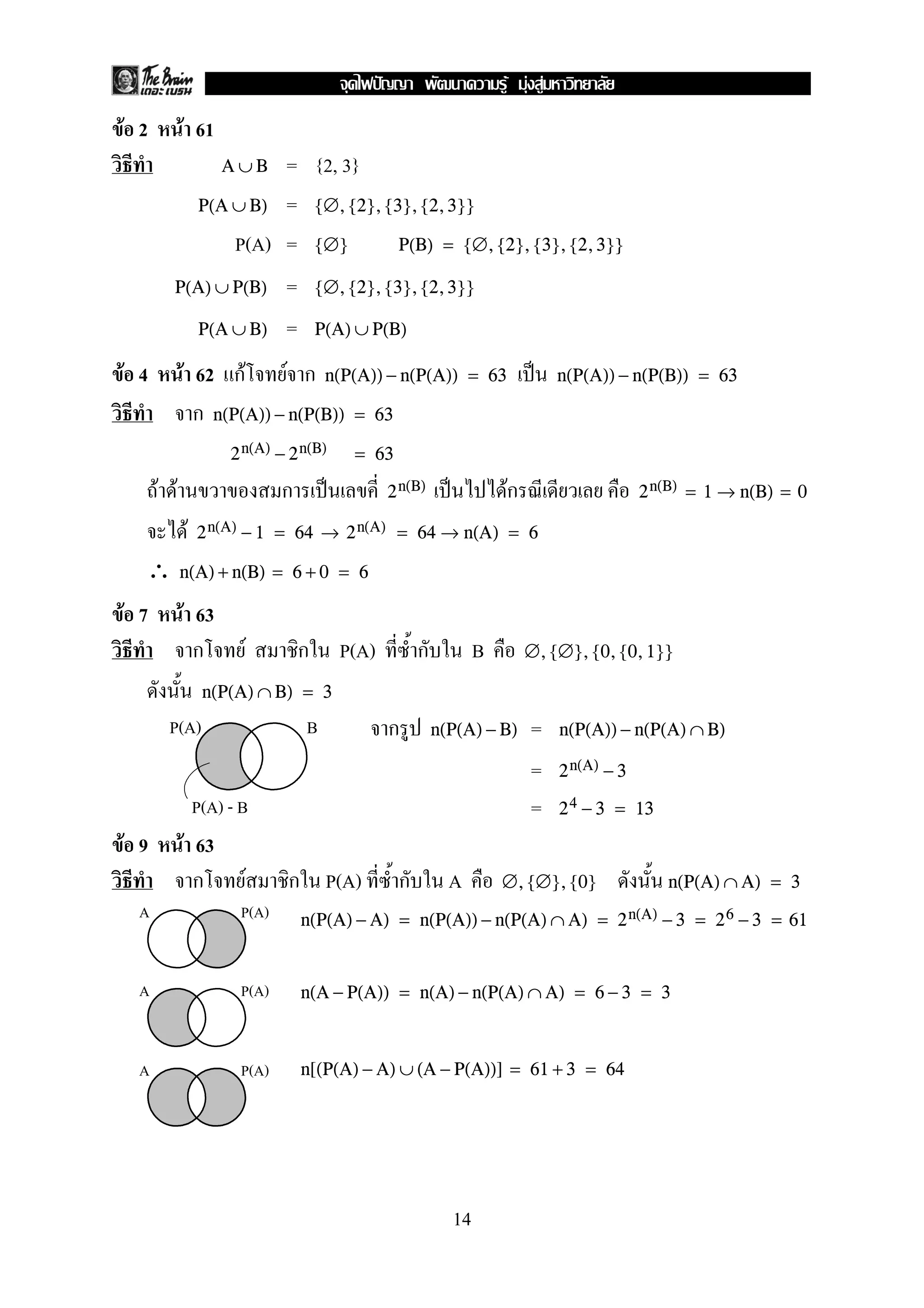 F F F
F 2         F 61
                    A∪B  = {2, 3}
                P(A ∪ B) = {∅, {2}, {3}, {2, 3}}

                    P(A) = {∅}        P(B) = {∅, {2}, {3}, {2, 3}}

        P(A) ∪ P(B)            =       {∅, {2}, {3}, {2, 3}}

                P(A ∪ B)       =       P(A) ∪ P(B)

F 4         F 62 กF F ก n(P(A)) − n(P(A))                        = 63           n(P(A)) − n(P(B)) = 63

              ก n(P(A)) − n(P(B)) = 63
                     2 n(A) − 2 n(B)        = 63

      F F                      ก                 2 n(B)                 ก
                                                                        F                    2 n(B) = 1 → n(B) = 0

            F   2 n(A) − 1 = 64 → 2 n(A) = 64 → n(A) = 6

  ∴         n(A) + n(B) = 6 + 0 = 6

F 7         F 63
              ก            F       ก      P(A)         ก          B         ∅, {∅}, {0, {0, 1}}

                 n(P(A) ∩ B) = 3
       P(A)                        B             ก         n(P(A) − B)      =   n(P(A)) − n(P(A) ∩ B)

                                                                            =   2 n(A) − 3
                P(A) - B                                                    =   2 4 − 3 = 13

F 9         F 63
              ก        F       ก P(A)              ก         A        ∅, {∅}, {0}               n(P(A) ∩ A) = 3
 A                     P(A)        n(P(A) − A) = n(P(A)) − n(P(A) ∩ A) = 2 n(A) − 3 = 2 6 − 3 = 61


 A                     P(A)        n(A − P(A)) = n(A) − n(P(A) ∩ A) = 6 − 3 = 3



 A                     P(A)        n[(P(A) − A) ∪ (A − P(A))] = 61 + 3 = 64




                                                             14
 