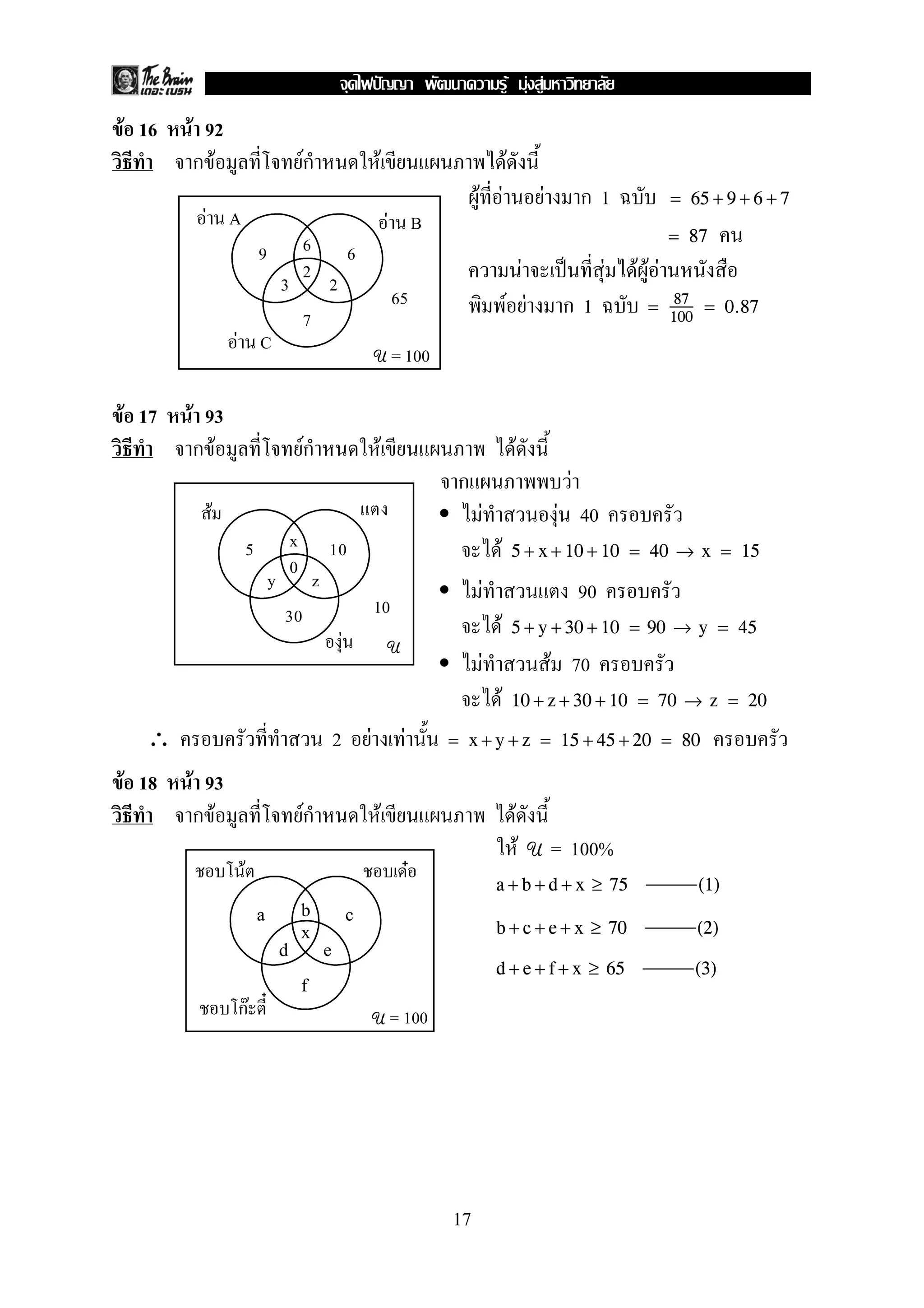 F F F
F 16   F 92
        กF                             ก
                                       F                            F                                        F
                                                                                             F F                                  F         ก1             = 65 + 9 + 6 + 7
        F A                                                                 F B
                                       6                                                                                                                   = 87
                       9                                   6
                               3
                                       2
                                               2
                                                                                                                          F                      F   FFF
                                                                            65                               F F                       ก1               87
                                                                                                                                                      = 100 = 0.87
                                       7
              F C
                                                                   U = 100


F 17   F 93
        กF                             Fก                               F                                         F
                                                                                         ก                                              F
         F                                                                                   F                                        F 40
                   5               x           10                                                        F       5 + x + 10 + 10 = 40 → x = 15
                                   0
                           y               z                                                         F                                      90
                               30                                  10
                                                                                                         F       5 + y + 30 + 10 = 90 → y = 45
                                                       F                    U
                                                                                                 F                                    F 70
                                                                                                         F       10 + z + 30 + 10 = 70 → z = 20

  ∴                                                2           F                F       = x + y + z = 15 + 45 + 20 = 80

F 18   F 93
        กF                             Fก                               F                                         F
                                                                                                                      F       U       = 100%
               F                                                                    F
                                                                                                         a + b + d + x ≥ 75                                   (1)
                       a               b                   c
                                       x                                                                 b + c + e + x ≥ 70                                   (2)
                               d               e
                                                                                                         d + e + f + x ≥ 65                                   (3)
                                       f
              กF                                                   U = 100




                                                                                        17
 