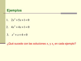 Ejemplos
0152.1 2
=++ xx
0144.2 2
=++ xx
04.3 2
=++ xx
¿Qué sucede con las soluciones x1 y x2 en cada ejemplo?
 