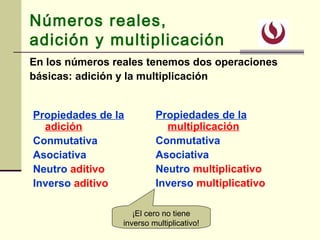 Números reales,
adición y multiplicación
Propiedades de la
adición
Conmutativa
Asociativa
Neutro aditivo
Inverso aditivo
En los números reales tenemos dos operaciones
básicas: adición y la multiplicación
Propiedades de la
multiplicación
Conmutativa
Asociativa
Neutro multiplicativo
Inverso multiplicativo
¡El cero no tiene
inverso multiplicativo!
 