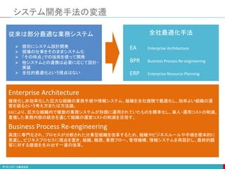 システム開発手法の変遷
従来は部分最適な業務システム
 個別にシステム設計開発
 現場の仕事をそのままシステム化
 「その時点」での技術を使って開発
 他システムとの連携は必要に応じて設計・
実装
 全社的最適化という視点はない
全社最適化手法
EA Enterprise Architecture
BPR Business Process Re-engineering
ERP Enterprise Resource Planning
Enterprise Architecture
複雑化し非効率化した巨大な組織の業務手順や情報システム、組織を全社規模で最適化し、効率よい組織の運
営を図るという考え方または方法論。
EAにより、巨大な組織内で複数の業務システムが別個に運用されていたものを標準化し、導入・運用コストの削減、
重複した業務内容の統合を通じて組織の運営コストの削減を目指す。
Business Process Re-engineering
高度に専門化され、プロセスが分断された分業型組織を改革するため、組織やビジネスルールや手順を根本的に
見直し、ビジネスプロセスに視点を置き、組織、職務、業務フロー、管理機構、情報システムを再設計し、最終的顧
客に対する価値を生み出す一連の改革。
 