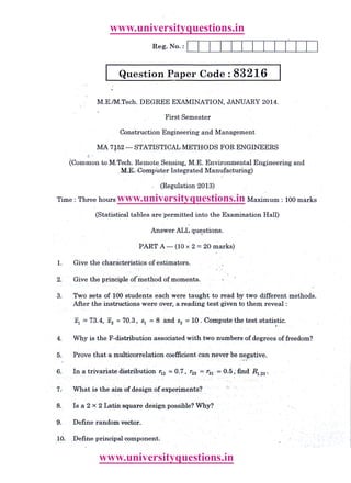 Ma5165 statistical methods for engineers-previous year question papers