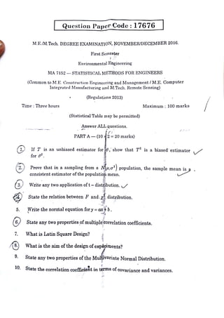 Ma5165 statistical methods for engineers-previous year question papers