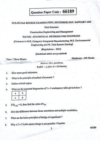 Ma5165 statistical methods for engineers-previous year question papers