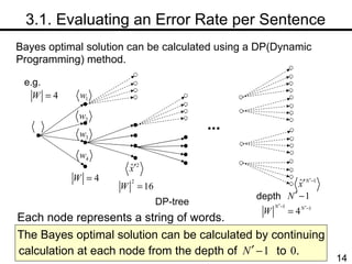 　 3.1. Evaluating an Error Rate per Sentence depth Bayes optimal solution can be calculated using a DP(Dynamic Programming) method. DP-tree Each node represents a string of words. e.g. The Bayes optimal solution can be calculated by continuing calculation at each node from the depth of  to  . 