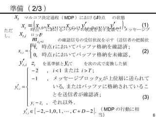 　準備（ 2/3 ） マルコフ決定過程（ MDP ）における時点  の状態 ただし， 時点  におけるバッファの状況を表す変数で，メッセージブロック の確認信号の受信状況を示す（送信者の把握状況） を基準値として  を次の式で変換した値 （ MDP の行動に相当） (1) (2) (3) 