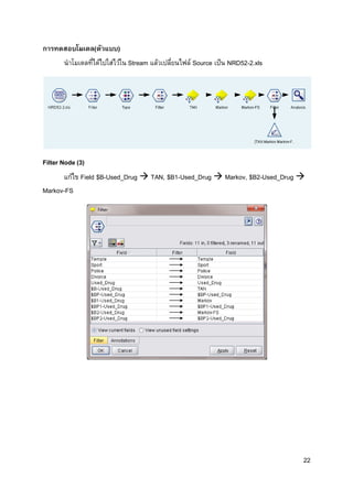 22
การทดสอบโมเดล(ตัวแบบ)
นาโมเดลที่ได้ไปใส่ไว้ใน Stream แล้วเปลี่ยนไฟล์ Source เป็น NRD52-2.xls
Filter Node (3)
แก้ไข Field $B-Used_Drug  TAN, $B1-Used_Drug  Markov, $B2-Used_Drug 
Markov-FS
 
