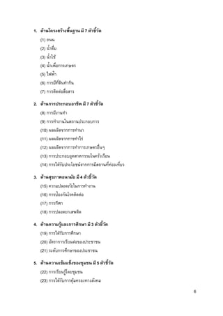 6
1. ด้านโครงสร้างพื้นฐานมี 7 ตัวชี้วัด
(1) ถนน
(2) น้าดื่ม
(3) น้าใช้
(4) น้าเพื่อการเกษตร
(5) ไฟฟ้า
(6) การมีที่ดินทากิน
(7) การติดต่อสื่อสาร
2. ด้านการประกอบอาชีพ มี 7 ตัวชี้วัด
(8) การมีงานทา
(9) การทางานในสถานประกอบการ
(10) ผลผลิตจากการทานา
(11) ผลผลิตจากการทาไร่
(12) ผลผลิตจากการทาการเกษตรอื่นๆ
(13) การประกอบอุตสาหกรรมในครัวเรือน
(14) การได้รับประโยชน์จากการมีสถานที่ท่องเที่ยว
3. ด้านสุขภาพอนามัย มี 4 ตัวชี้วัด
(15) ความปลอดภัยในการทางาน
(16) การป้องกันโรคติดต่อ
(17) การกีฬา
(18) การปลอดยาเสพติด
4. ด้านความรู้และการศึกษา มี 3 ตัวชี้วัด
(19) การได้รับการศึกษา
(20) อัตราการเรียนต่อของประชาชน
(21) ระดับการศึกษาของประชาชน
5. ด้านความเข้มแข็งของชุมชน มี 5 ตัวชี้วัด
(22) การเรียนรู้โดยชุมชน
(23) การได้รับการคุ้มครองทางสังคม
 
