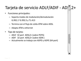 Tarjeta de servicio ADLF/ADIF - ADSL2+                    ADLF

                                                           RUN
                                                           ALM
                                                           BSY




• Funciones principales:
     – Soporta modos de modulación/demodulación
       G.992.1~G.992.5 y T1.413
     – Termina con el flujo de celda ATM sobre ADSL
     – Adapta ATM a ethernet
• Tipo de tarjeta:
     – ADLF 32 port ADSL2+ (sobre POTS)
     – ADIF 32 port ADSL2+ (sobre ISDN )




                                                             ADSL
     – Actualmente se trabaja con ADPD y ADPE (64 port)




Page 15
 