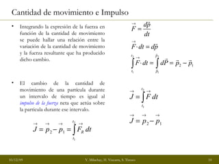Cantidad de movimiento e Impulso Integrando la expresión de la fuerza en función de la cantidad de movimiento se puede hallar una relación entre la variación de la cantidad de movimiento y la fuerza resultante que ha producido dicho cambio. El cambio de la cantidad de movimiento de una partícula durante un intervalo de tiempo es igual al  impulso de la fuerza  neta que actúa sobre la partícula durante ese intervalo. 