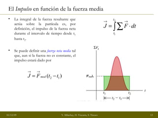 La integral de la fuerza resultante que actúa sobre la partícula es, por definición, el impulso de la fuerza neta durante el intervalo de tiempo desde t 1  hasta t 2 .  Se puede definir una  fuerza neta media  tal que, aun si la fuerza no es constante, el impulso estará dado por El  Impulso  en función de la fuerza media (F med ) x 