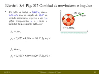 Ejercicio 8.4  Pág. 317 Cantidad de movimiento e impulso Un balón de fútbol de  0,420 kg  viaja a  4,50 m/s  con un ángulo de  20,0°  en sentido antihorario respecto al eje  +x . ¿Qué componentes   x  y  y  tiene la cantidad de movimiento del balón? 