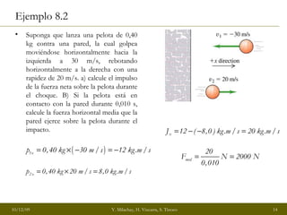 Ejemplo 8.2 Suponga que lanza una pelota de 0,40 kg contra una pared, la cual golpea moviéndose horizontalmente hacia la izquierda a 30 m/s, rebotando horizontalmente a la derecha con una rapidez de 20 m/s. a) calcule el impulso de la fuerza neta sobre la pelota durante el choque. B) Si la pelota está en contacto con la pared durante 0,010 s, calcule la fuerza horizontal media que la pared ejerce sobre la pelota durante el impacto. 