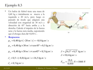 Ejemplo 8.3 Un balón de fútbol tiene una masa de 0,40 kg e inicialmente se  mueve a la izquierda a 20 m/s, pero luego es pateado de modo que adquiere una velocidad con magnitud de 30 m/s y dirección de 45° hacia arriba y a la derecha. Calcule el impulso de la fuerza neta y la fuerza neta media, suponiendo que el choque dura   t=0,010 s . Respuestas  