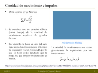 Cantidad de movimiento e impulso De la segunda ley de Newton  Se concluye que los cambios súbitos (corto tiempo) de la cantidad de movimiento requieren de grandes fuerzas. Por ejemplo, la bolsa de aire del auto tiene como función aumentar el tiempo de interacción  vehículo-persona  (  t ), por lo que se tiene como resultado que la  fuerza neta  que actúa sobre el pasajero es menor. http://www.sicurauto.it/sicurezza/casi_airbag/index.php?subaction=showfull&id=1169327584&archive=&start_from=&ucat=1&   La cantidad de movimiento es un vector, generalmente la expresamos por sus componentes: Vea la animación del airbag 