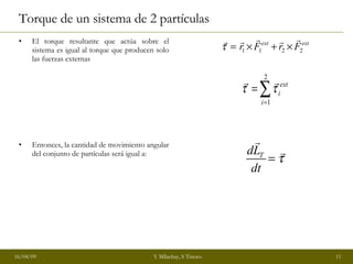 Torque de un sistema de 2 partículas  El torque resultante que actúa sobre el sistema es igual al torque que producen solo las fuerzas externas Entonces, la cantidad de movimiento angular del conjunto de partículas será igual a: 