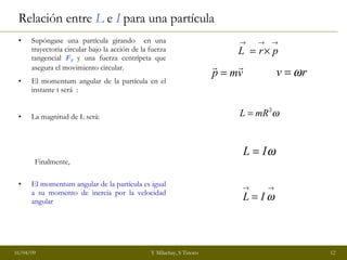 Relación entre  L  e  I  para una partícula Supóngase una partícula girando  en una trayectoria circular bajo la acción de la fuerza tangencial  F T  y una fuerza centrípeta que asegura el movimiento circular. El momentum angular de la partícula en el instante t será  : La magnitud de L será: El momentum angular de la partícula es igual a su momento de inercia por la velocidad angular Finalmente, 
