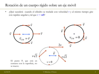 Rotación de un cuerpo rígido sobre un eje móvil ¿Qué sucederá  cuando el cilindro se traslade con velocidad  v  y al mismo tiempo gire con rapidez angular   , tal que  v  =  R ? El punto P, que está en contacto con la superficie, no se mueve. 