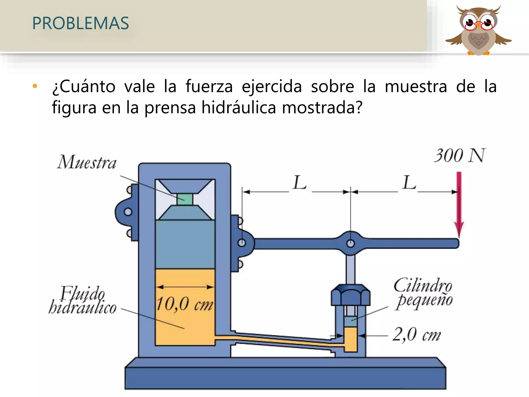 PROBLEMAS
• ¿Cuánto vale la fuerza ejercida sobre la muestra de la
figura en la prensa hidráulica mostrada?
 