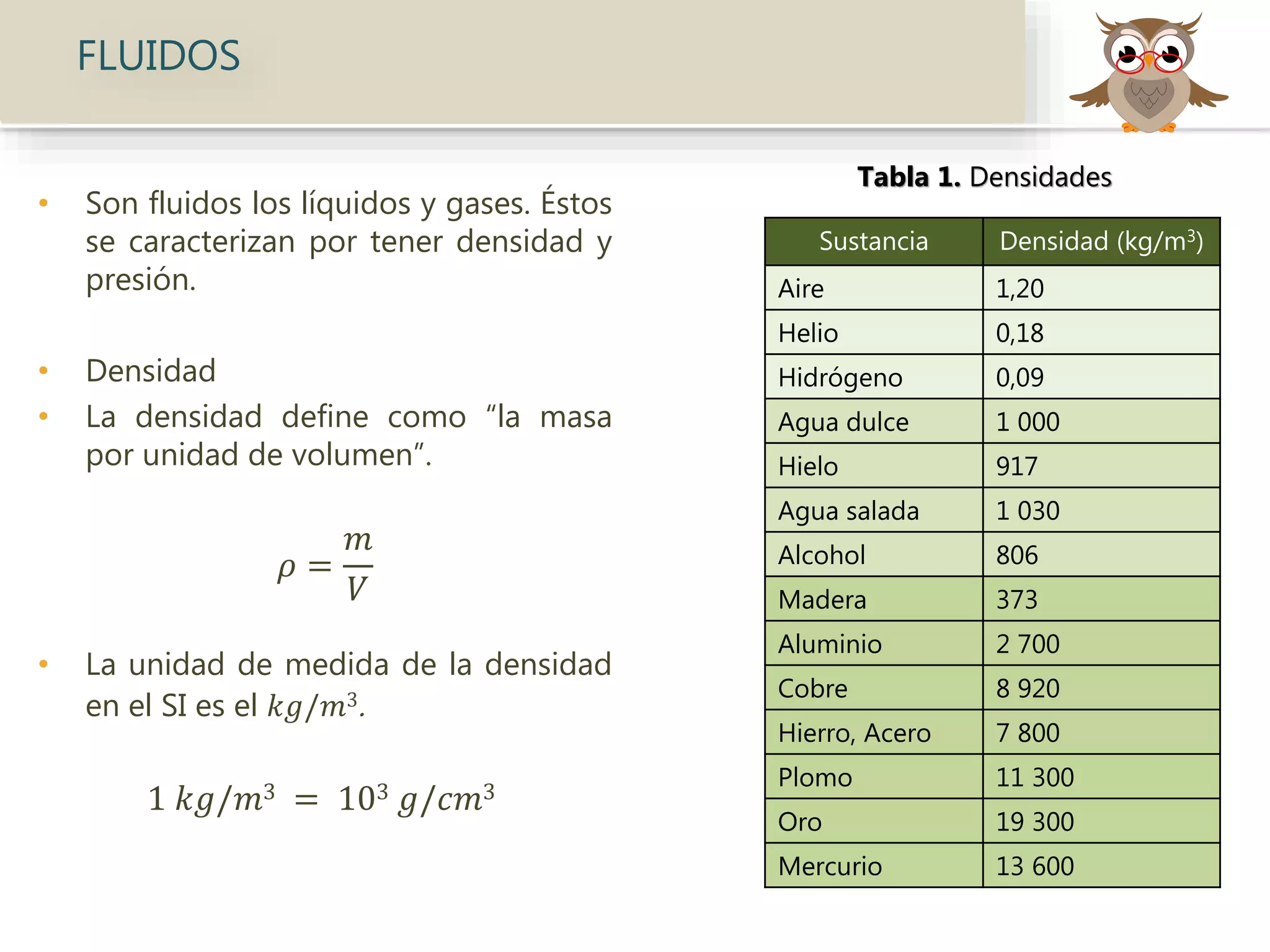 • Son fluidos los líquidos y gases. Éstos
se caracterizan por tener densidad y
presión.
• Densidad
• La densidad define como “la masa
por unidad de volumen”.
𝜌 =
𝑚
𝑉
• La unidad de medida de la densidad
en el SI es el 𝑘𝑔/𝑚3.
1 𝑘𝑔/𝑚3 = 103 𝑔/𝑐𝑚3
FLUIDOS
Sustancia Densidad (kg/m3)
Aire 1,20
Helio 0,18
Hidrógeno 0,09
Agua dulce 1 000
Hielo 917
Agua salada 1 030
Alcohol 806
Madera 373
Aluminio 2 700
Cobre 8 920
Hierro, Acero 7 800
Plomo 11 300
Oro 19 300
Mercurio 13 600
Tabla 1. Densidades
 